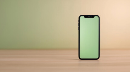Poster - Modern smartphone with green screen standing on wooden desk in front of green and yellow wall