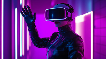 Poster - Woman wearing vr headset interacting with virtual reality in metaverse simulation