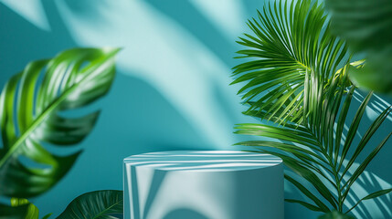 Poster - Empty blue cylinder product display podium surrounded by tropical plants