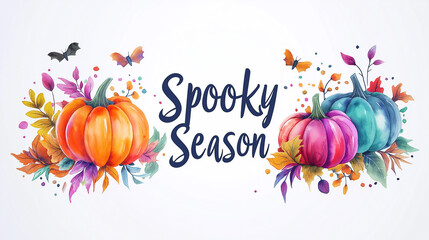 Poster - Spooky season greeting card with colorful pumpkins and autumn leaves