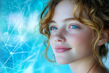 Sticker - A young woman with radiant skin and glowing eyes standing in a cool blue light her serene expression reflecting calm and clarity in a peaceful and tranquil atmosphere