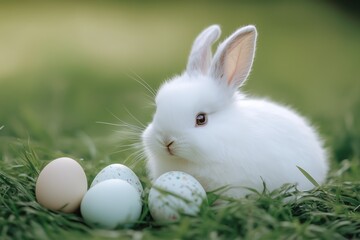 Funny small little bunny with easter eggs on green lawn outdoors on sunny spring day