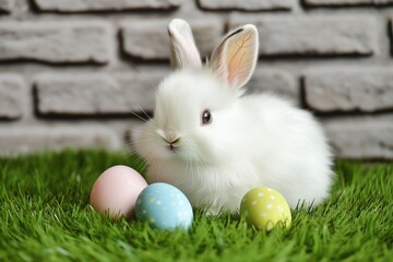 Funny small little bunny with easter eggs on green lawn outdoors on sunny spring day