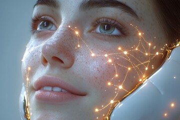 Sticker - A close up profile of a young woman with glowing sparkles on her cheek symbolizing the fusion of beauty and technology in a serene and futuristic setting