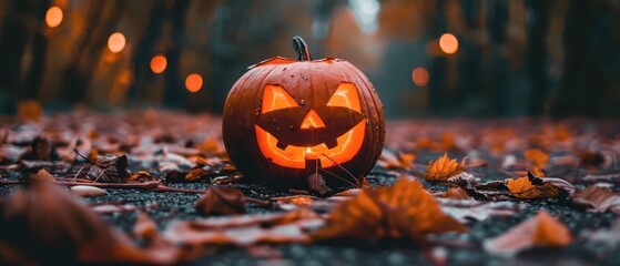 Wall Mural - A glowing jack-o'-lantern amidst autumn leaves in a dimly lit path