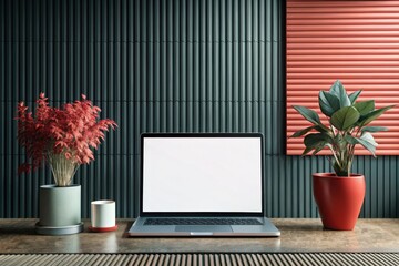 Poster - A serene workspace with plants and a laptop, featuring a textured green wall and stylish red shades in a modern setting during daylight hours. Generative AI
