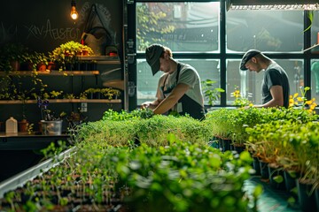 Two individuals are carefully nurturing fresh microgreens in a well-lit greenhouse filled with greenery. Generative AI