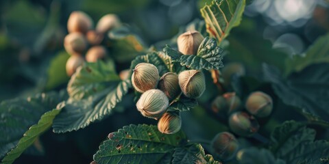 Canvas Print - Ripening hazelnuts hanging from the lush tree