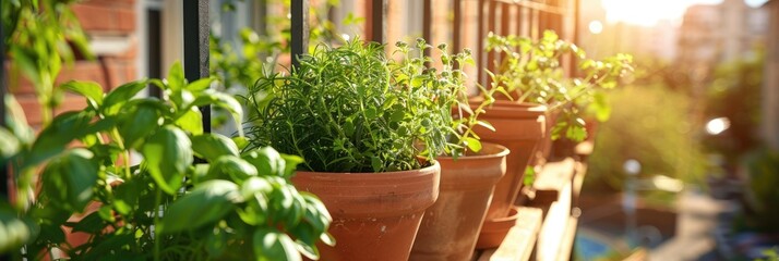 Poster - Growing fresh herbs and organic vegetables in flower pots on a balcony during the summer to promote a sustainable lifestyle.