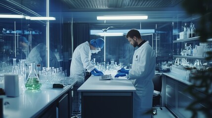 Poster - two scientists work diligently in a modern laboratory setting, analyzing samples and conducting expe