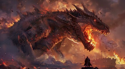 Wall Mural - Fiery Dragon Battle: A Fantasy Creature Art