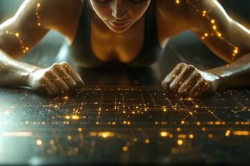 Canvas Print - A close up of a determined athlete pushing against a surface lit with intricate digital patterns capturing the intersection of human strength and high tech innovation in sports training