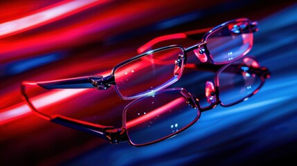 Wall Mural - A pair of stylish eyeglasses reflecting red and blue neon lights, creating a modern, futuristic vibe with vibrant colors and sleek design.