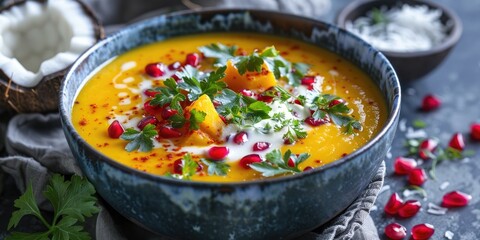 Poster - Delicious pumpkin soup garnished with coconut milk topped with pomegranate seeds and parsley