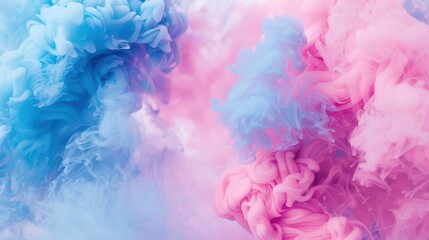 Poster - Abstract pink and blue ink clouds swirl in water, creating a dreamy, ethereal effect with soft gradients and flowing shapes.