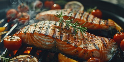 Poster - Grilled salmon steak with vegetables in preparation