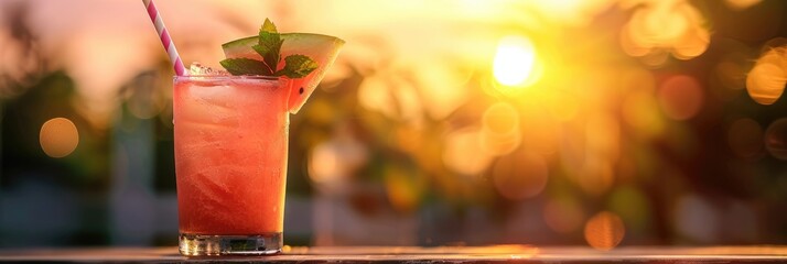 Wall Mural - Refreshing Watermelon Shake with Mint and Eco-Friendly Paper Straw in Glass on Bar Table at Dusk Vegan Tropical Beverage