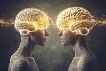 Wall Mural - Two human heads with glowing brains connected by puzzle pieces symbolizing the connection and challenge in understanding each other in a relationship or intellectual exchange