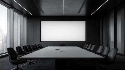 Empty conference room with black chairs, blank white screen mockup..