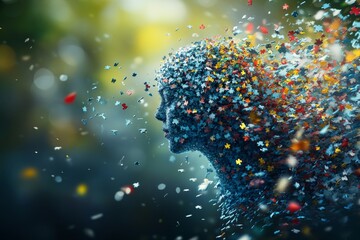 Sticker - Abstract head made of colorful particles dispersing into the air representing the dispersion of thoughts ideas or memories in a visually dynamic and ethereal composition