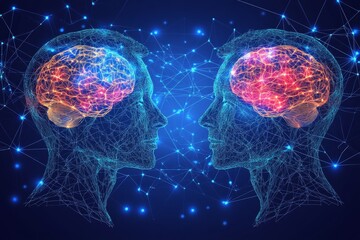 Poster - Digital illustration of two glowing brains facing each other connected by a network of stars symbolizing the cosmic connection and exchange of ideas or knowledge across space and time