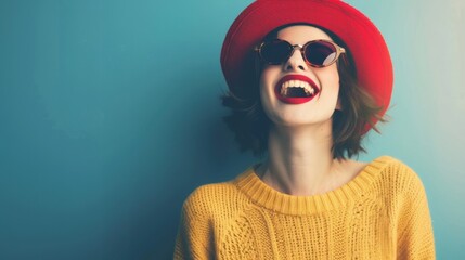 A young woman laughing joyfully, wearing a red hat, sunglasses, and a vibrant yellow sweater against a blue background, expressing fun and happiness.