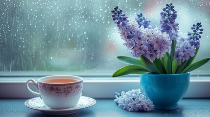 Wall Mural - A cozy tea setting with purple flowers and rain on the window, creating a tranquil atmosphere during a rainy afternoon