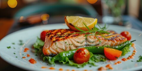 Poster - Grilled salmon fillet accompanied by a salad of green peppers, cherry tomatoes, and lettuce, adorned with a lemon wedge, displayed on a table.