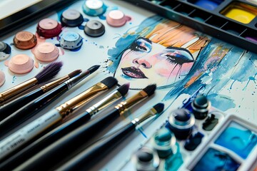 Poster - Surrounded by vibrant watercolor paints and brushes, a colorful portrait of a woman highlights artistic creativity. Generative AI