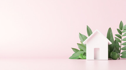 A minimalistic white house model surrounded by greenery on a soft pink background, symbolizing home and nature.