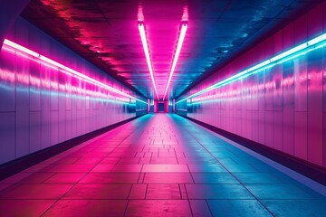 Poster - A long, brightly lit tunnel featuring blue and pink neon lights reflecting off the walls, creating a modern aesthetic at night. Generative AI