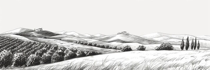 Beautiful landscape of grape plantation farm land winery. Line art drawing