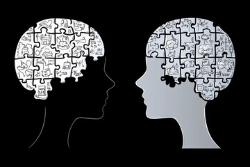 Black and white illustration of two heads made of puzzle pieces symbolizing the duality and contrast in human thought identity and the challenges of interpersonal communication