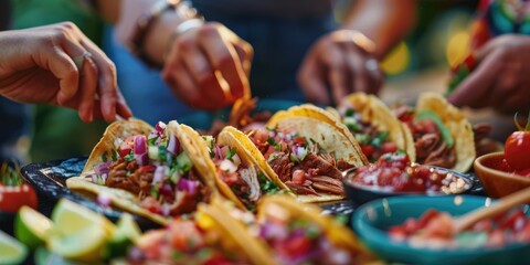 Gathering of individuals relishing flavorful tacos with fresh salsa and a variety of toppings; Classic tacos filled with spicy salsa and delicious al pastor.