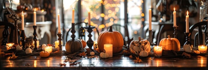 Sticker - Close-up view of autumn-themed Halloween table decor in a rustic style