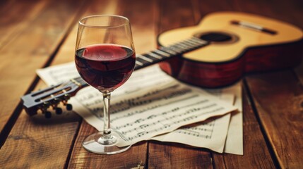 A glass of wine, music sheet and guitar on table