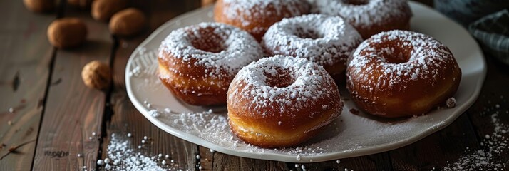 Poster - Delicious doughnuts featuring holes and dusted with powdered sugar placed on a white plate atop a table.