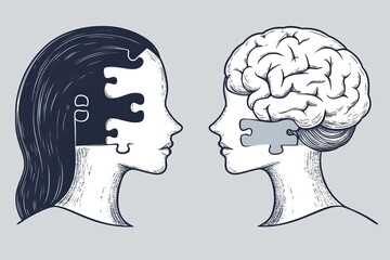 Wall Mural - Minimalist illustration of two human profiles one with a puzzle piece brain symbolizing the process of self discovery and the complexities of identity and thought in a modern and simplified style