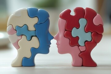 Wall Mural - Colorful clay models of two human profiles with puzzle piece brains symbolizing the playful yet intricate nature of human identity and the assembly of thoughts