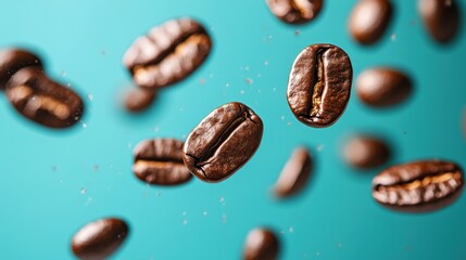 Wall Mural - Coffee beans against a blue background