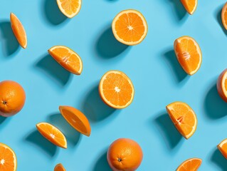 Wall Mural - Repeated Orange Slices Pattern on a Bright Blue Background