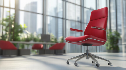 Modern red office chair standing in a large corporate boardroom with a view of the city