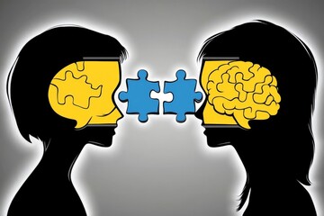 Stylized vector illustration of two human profiles connecting puzzle pieces between their brains representing the collaborative exchange of ideas and the intellectual bond in communication