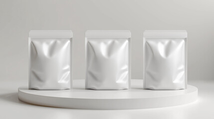 Poster - Three white doypack pouches standing on white background