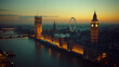 © Andres Mejia - London eye and big ben lighting up at twilight above river thames