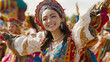 © Andres Mejia - Beautiful woman in traditional russian costume dancing with group outdoors