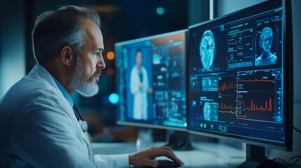 Aufkleber - Medical doctor is working late at night using a computer to analyze patient scans