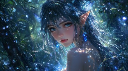 Anime-style sorceress, mystical forest, ancient spells, magical creatures, enchanted realm