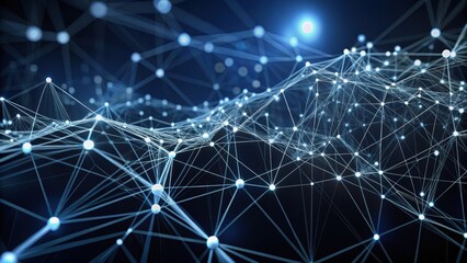 Poster - A mesmerizing digital landscape showcasing an intricate web of glowing blue connections and nodes against a dark background, presenting the beauty of data and technology in motion. Generative AI