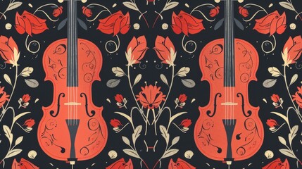 Wall Mural - Seamless pattern with violin and floral design.